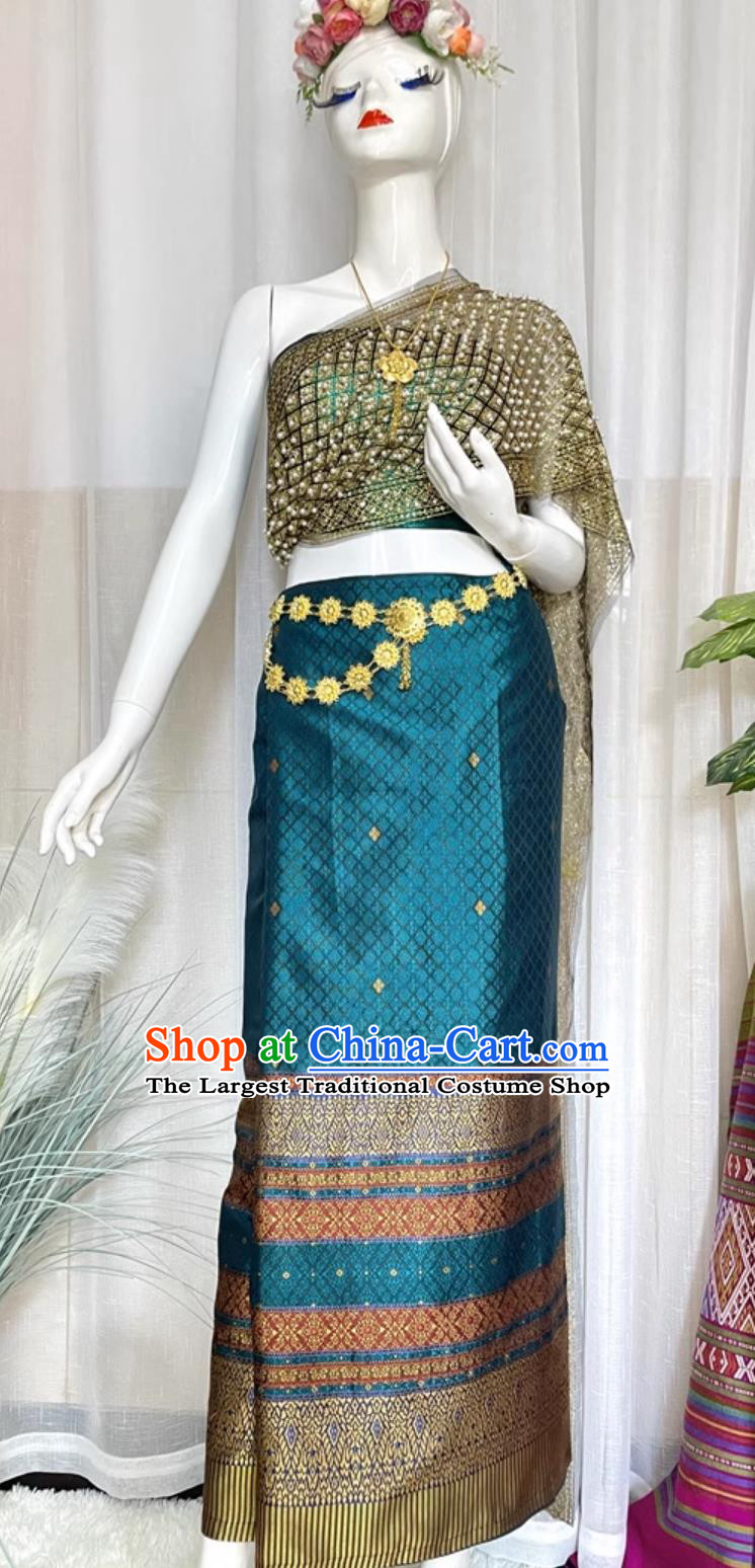 China Dai Ethnic Woman Clothing Xishuangbanna National Minority Costume Thailand Traditional Peacock Blue Top and Skirt Outfit
