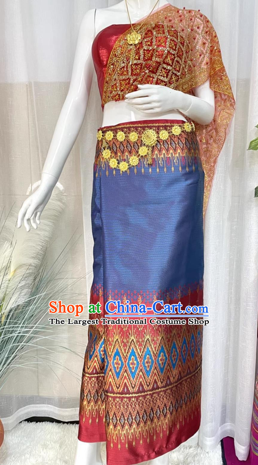 Thailand Traditional Red Top and Skirt Outfit China Dai Ethnic Woman Clothing Xishuangbanna National Minority Costume