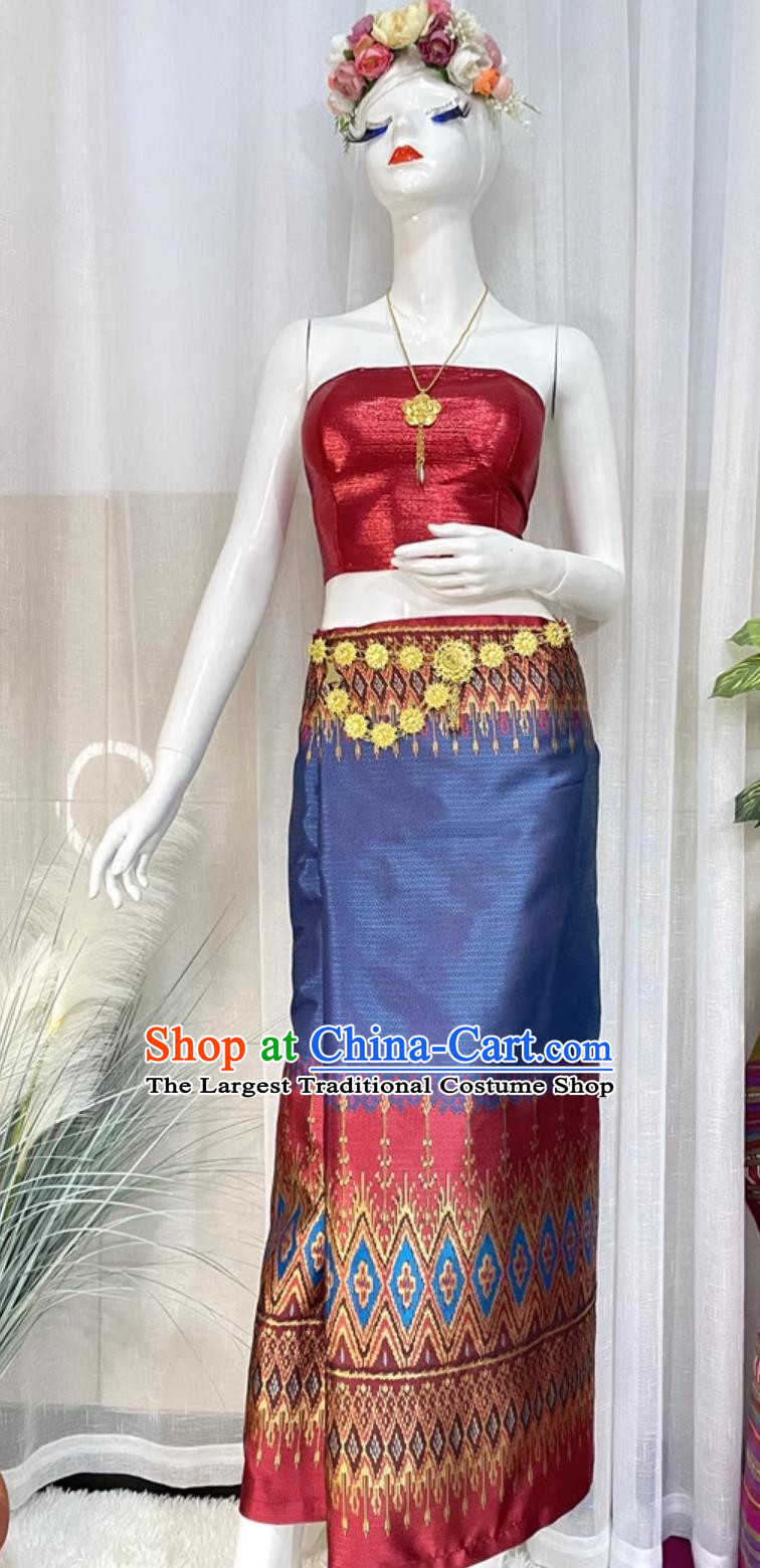 Thailand Traditional Red Top and Skirt Outfit China Dai Ethnic Woman Clothing Xishuangbanna National Minority Costume