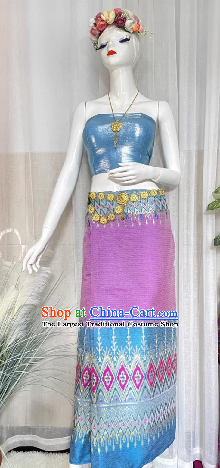 China Xishuangbanna National Minority Costume Thailand Traditional Blue Top and Skirt Outfit Dai Ethnic Woman Clothing