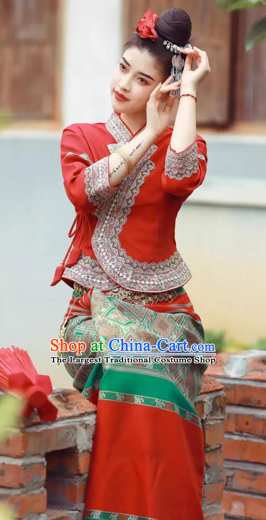 China Dai Ethnic Bride Wedding Dress Xishuangbanna Festival Clothing Thailand Traditional Red Shirt and Skirt