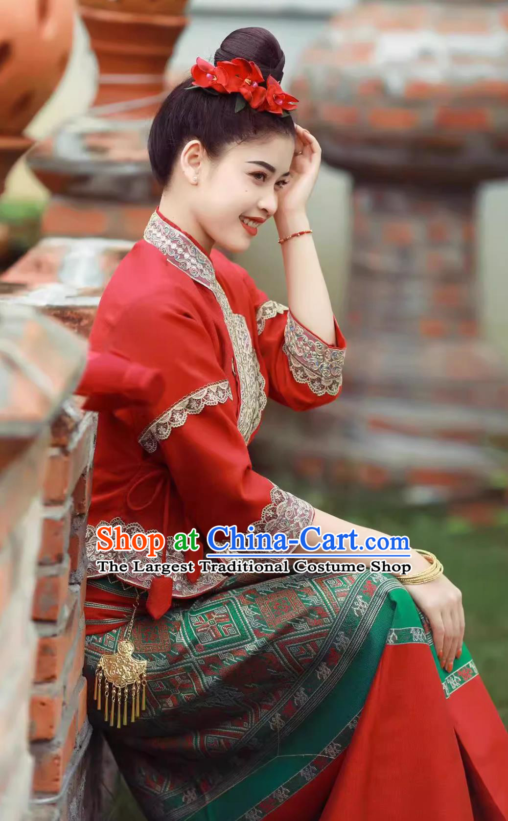 China Dai Ethnic Bride Wedding Dress Xishuangbanna Festival Clothing Thailand Traditional Red Shirt and Skirt