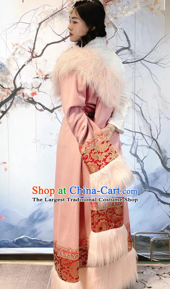 China Xizang Ethnic Stage Performance Clothing Woman Pink Tibetan Robe Zang Nationality Winter Costume