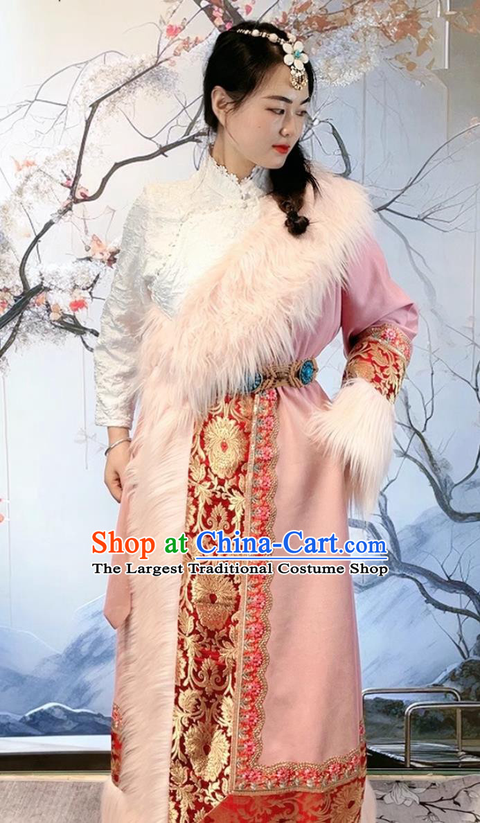 China Xizang Ethnic Stage Performance Clothing Woman Pink Tibetan Robe Zang Nationality Winter Costume