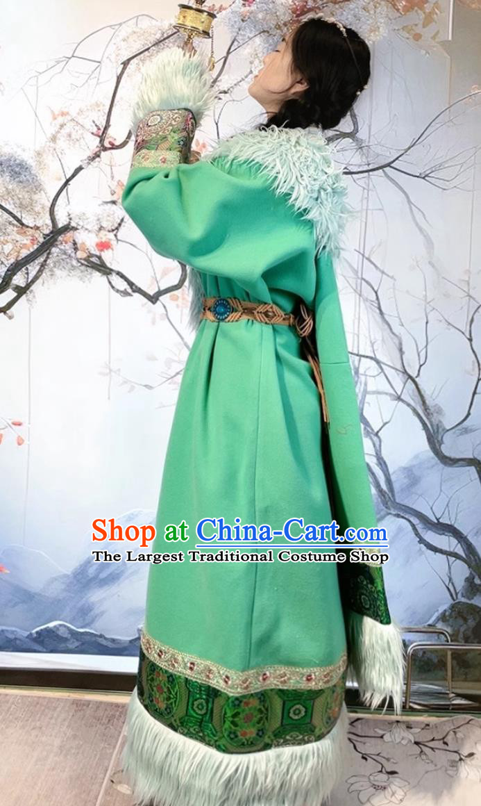 China Zang Nationality Winter Costume Xizang Ethnic Stage Performance Clothing Woman Green Tibetan Robe