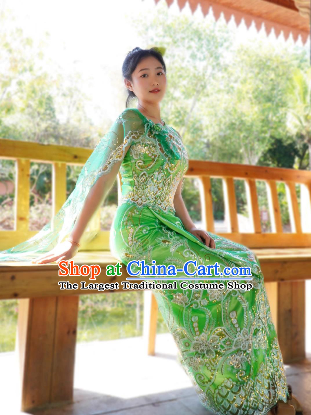 China Xishuangbanna Dai Ethnic Clothing Water Splashing Festival Dance Green Top And Long Skirt Sleeveless Dai Costume
