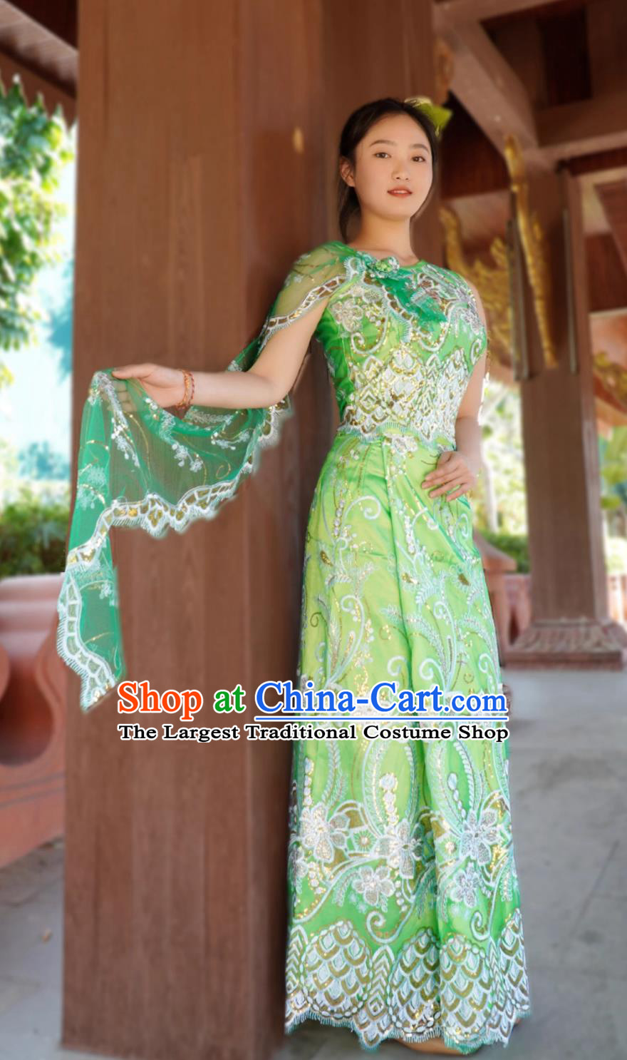 China Xishuangbanna Dai Ethnic Clothing Water Splashing Festival Dance Green Top And Long Skirt Sleeveless Dai Costume