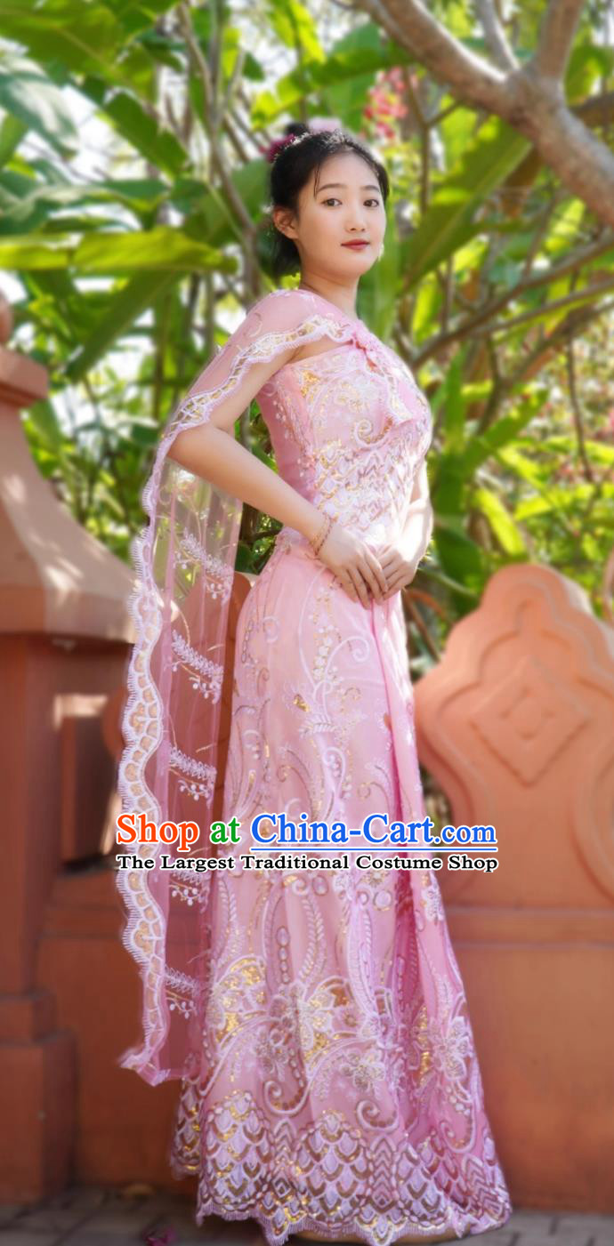 Thailand Water Splashing Festival Dance Pink Top And Long Skirt China Xishuangbanna Dai Sleeveless Costume Dai Ethnic Woman Clothing