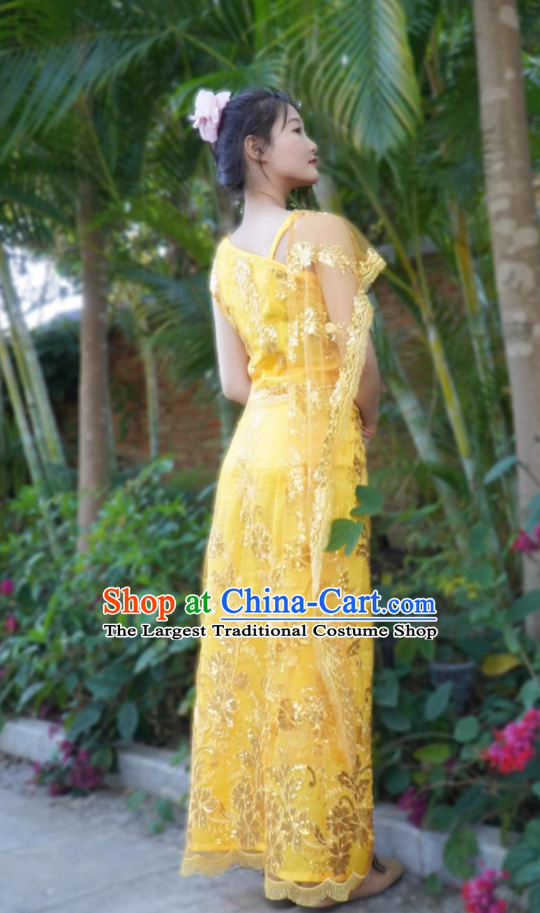 Thailand Water Splashing Festival Dance Golden Top And Long Skirt China Xishuangbanna Folk Dance Costume Dai Ethnic Woman Clothing