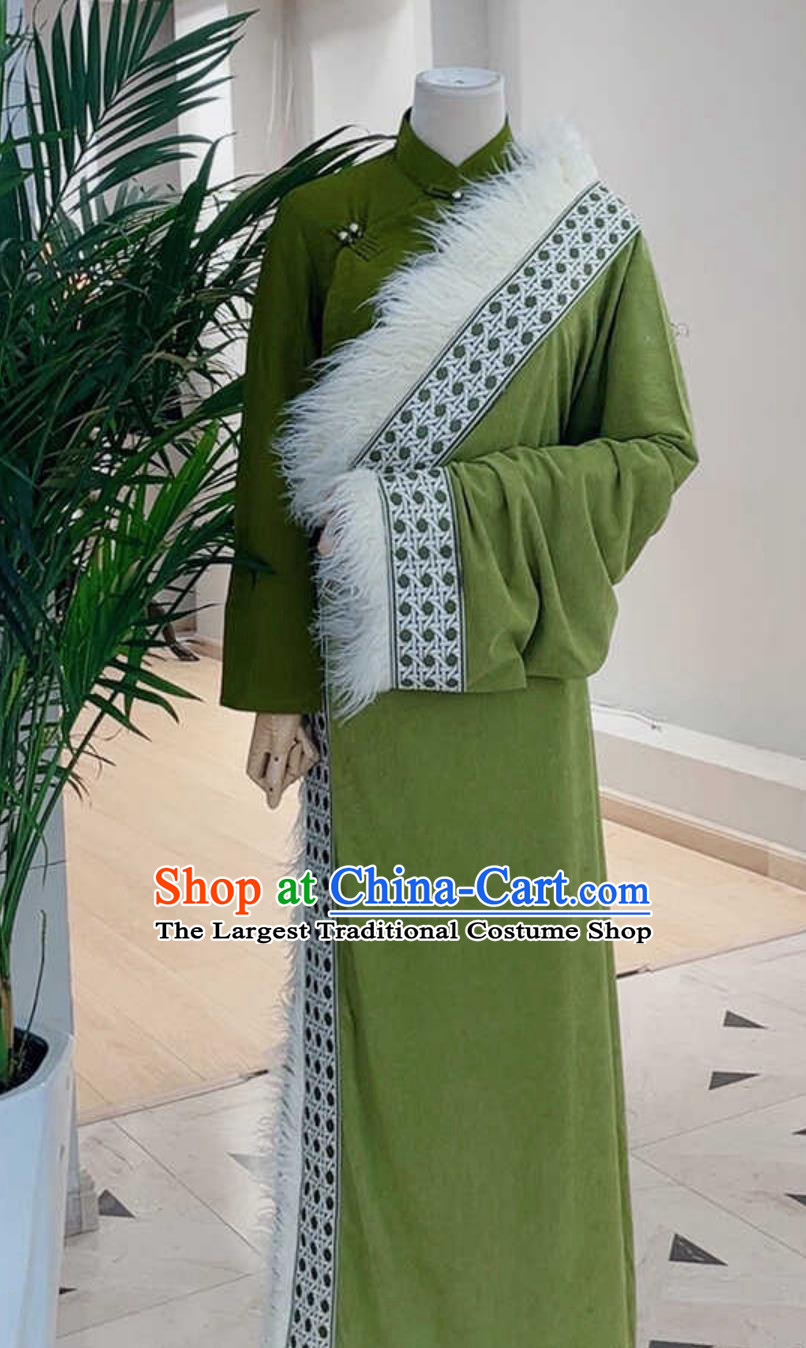 China Xizang Ethnic Performance Clothing Green Tibetan Robe Zang Nationality Woman Costume