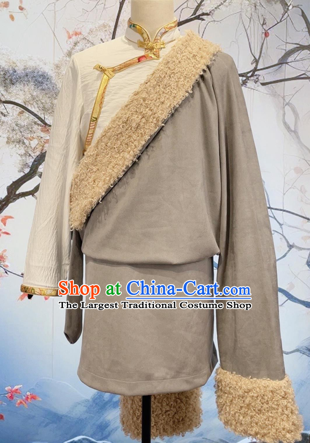 China Zang Nationality Male Winter Costume Xizang Ethnic Stage Performance Clothing Thermal Tibetan Robe