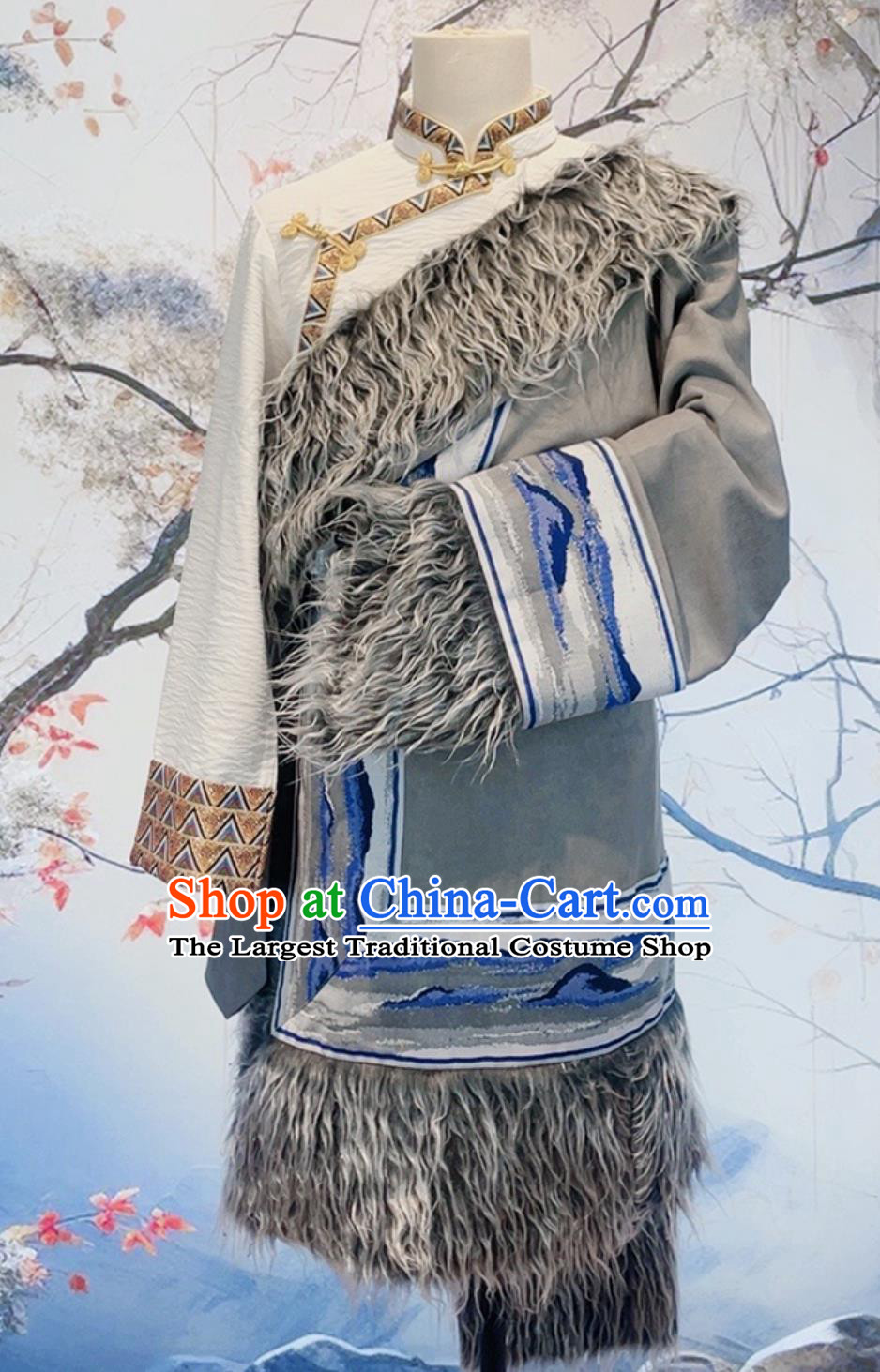 China Grey Suede Tibetan Robe Zang Nationality Male Winter Costume Xizang Ethnic Stage Performance Clothing