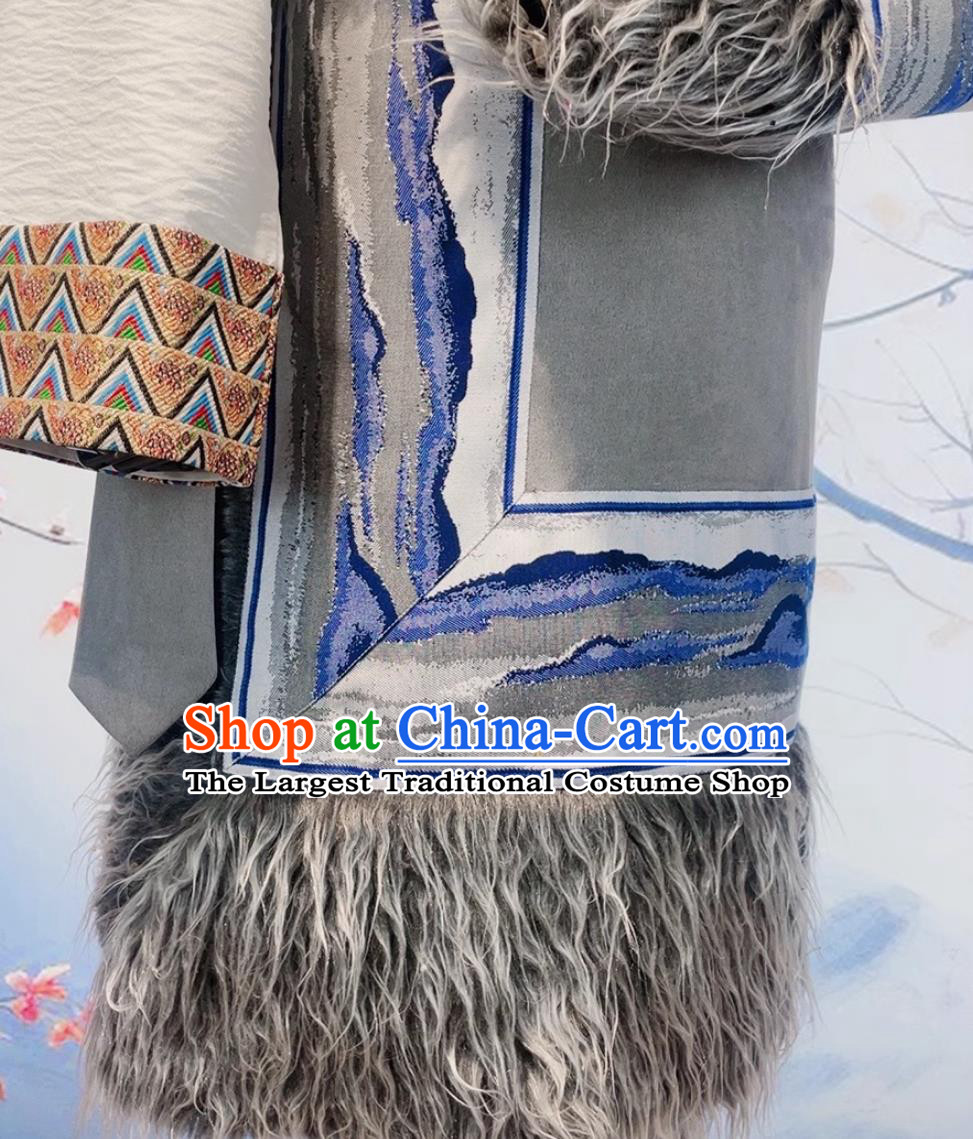 China Grey Suede Tibetan Robe Zang Nationality Male Winter Costume Xizang Ethnic Stage Performance Clothing