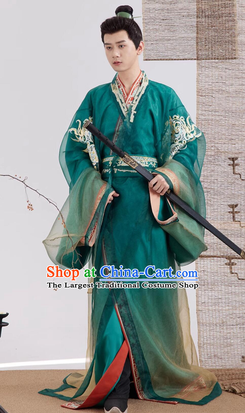 Ancient China Noble Childe Costume Chinese Warring States Time Swordsman Clothing Traditional Green Hanfu Robe