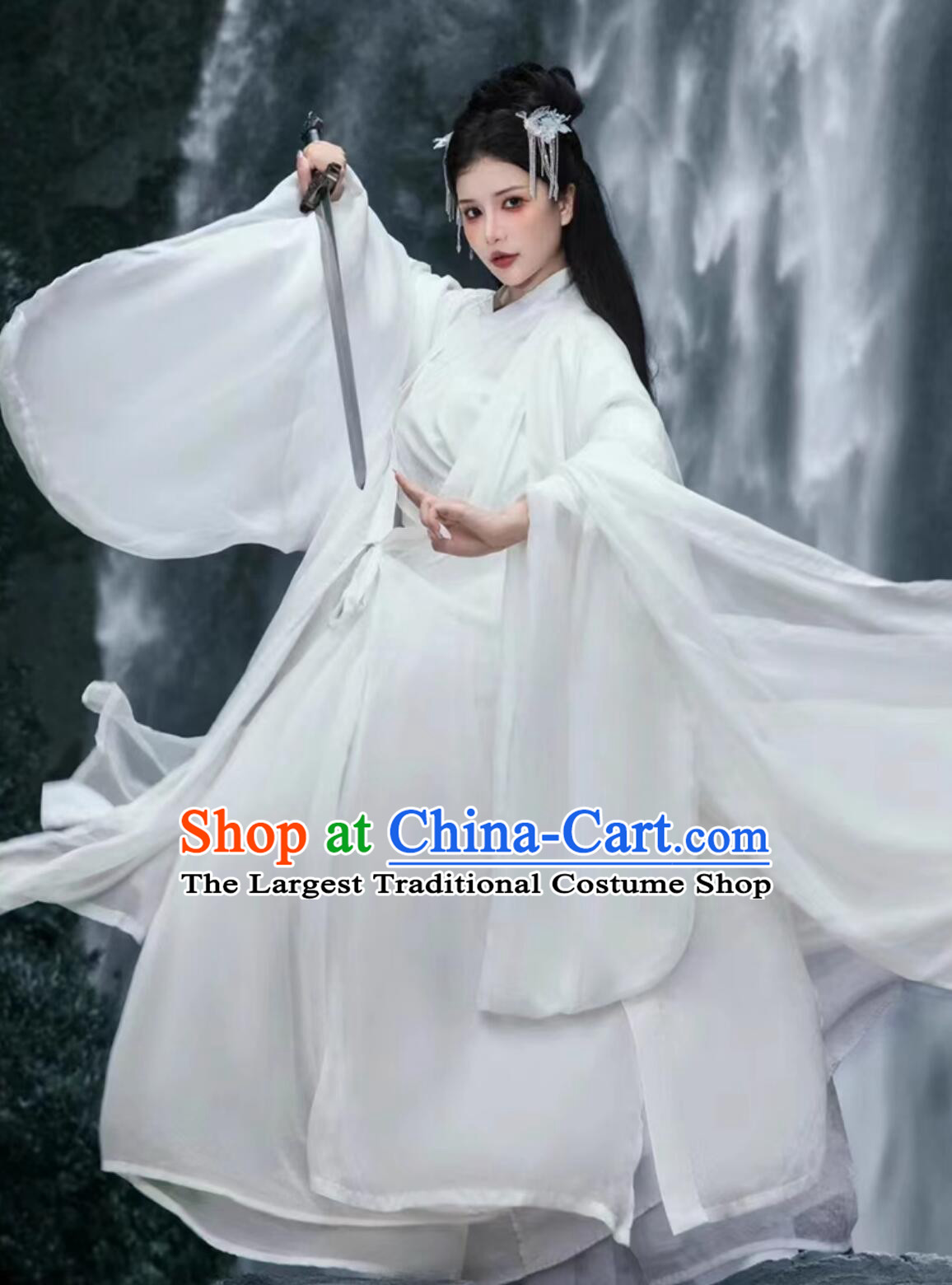 Chinese Traditional Female Hanfu Ancient China Young Lady Costume Jin Dynasty Swordswoman White Dress