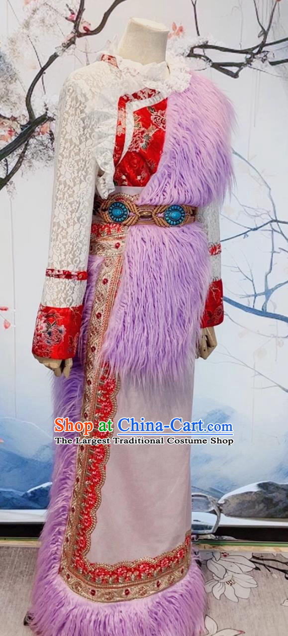 China Woman Purple Tibetan Robe Zang Nationality Costume Xizang Ethnic Stage Performance Clothing