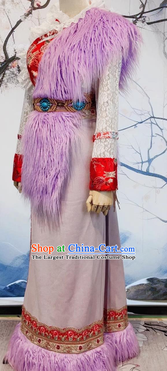 China Woman Purple Tibetan Robe Zang Nationality Costume Xizang Ethnic Stage Performance Clothing