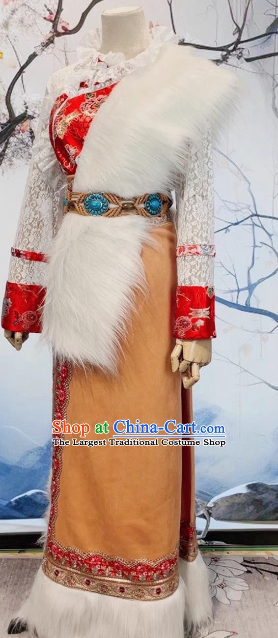 China Xizang Ethnic Stage Performance Clothing Woman Folk Dance Tibetan Robe Zang Nationality Costume