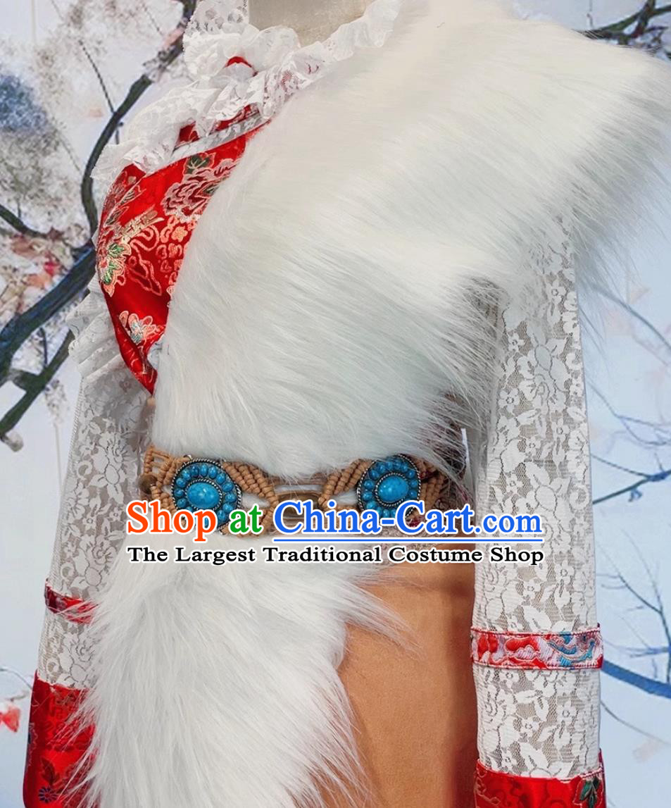 China Xizang Ethnic Stage Performance Clothing Woman Folk Dance Tibetan Robe Zang Nationality Costume