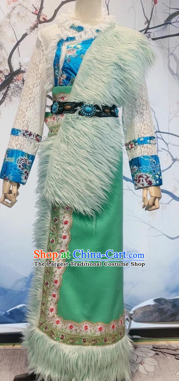 China Zang Nationality Woman Costume Xizang Ethnic Stage Performance Clothing Folk Dance Green Tibetan Robe