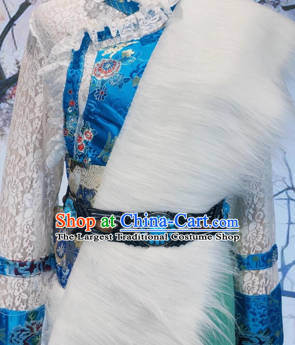 China Zang Nationality Woman Costume Xizang Ethnic Stage Performance Clothing Folk Dance Green Tibetan Robe