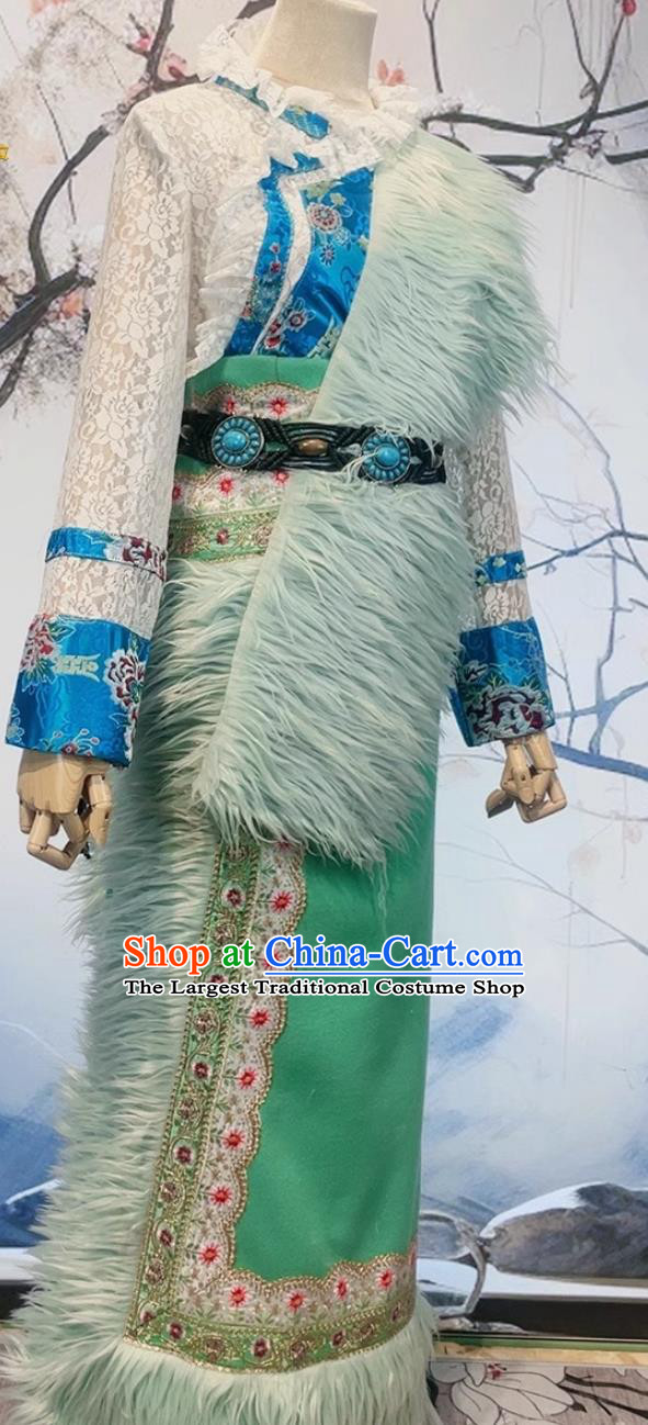 China Zang Nationality Woman Costume Xizang Ethnic Stage Performance Clothing Folk Dance Green Tibetan Robe