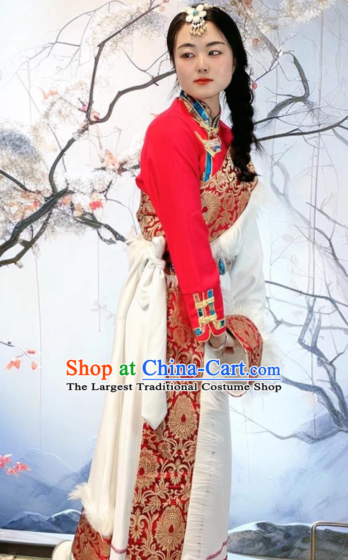 China Tibetan Robe Zang Nationality Woman Wedding Costume Xizang Ethnic Stage Performance Clothing
