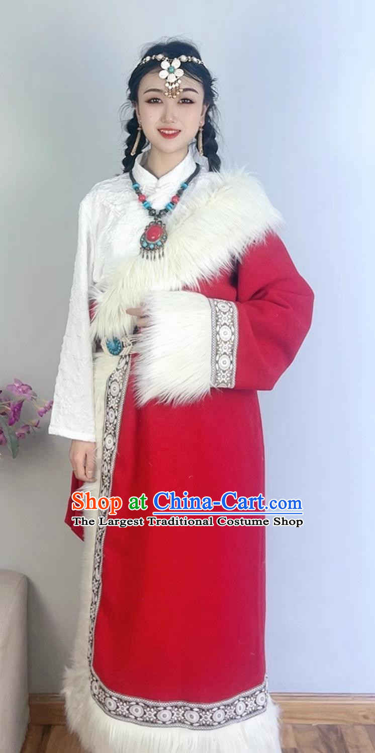 China Woman Red Tibetan Robe Zang Nationality Winter Costume Xizang Ethnic Stage Performance Clothing