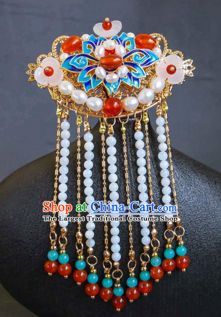 China Ancient Empress Cloisonne Hair Clip Handmade Ming Dynasty Court Woman Hairpin Traditional Chinese Hanfu Tassel Hair Jewelry