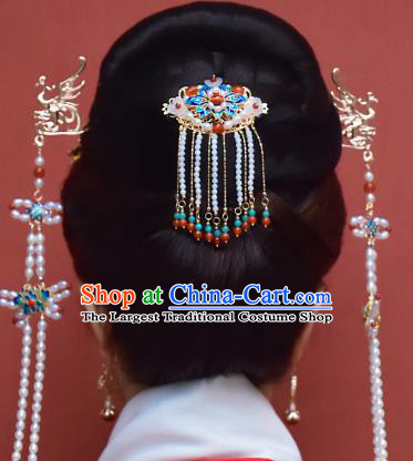 China Ancient Empress Cloisonne Hair Clip Handmade Ming Dynasty Court Woman Hairpin Traditional Chinese Hanfu Tassel Hair Jewelry