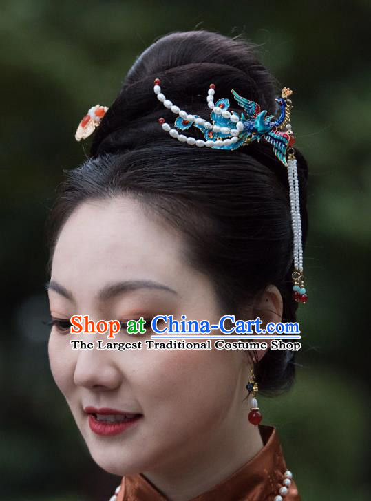 Traditional Chinese Hanfu Hair Jewelry China Ancient Empress Cloisonne Hair Clip Handmade Ming Dynasty Phoenix Hairpin