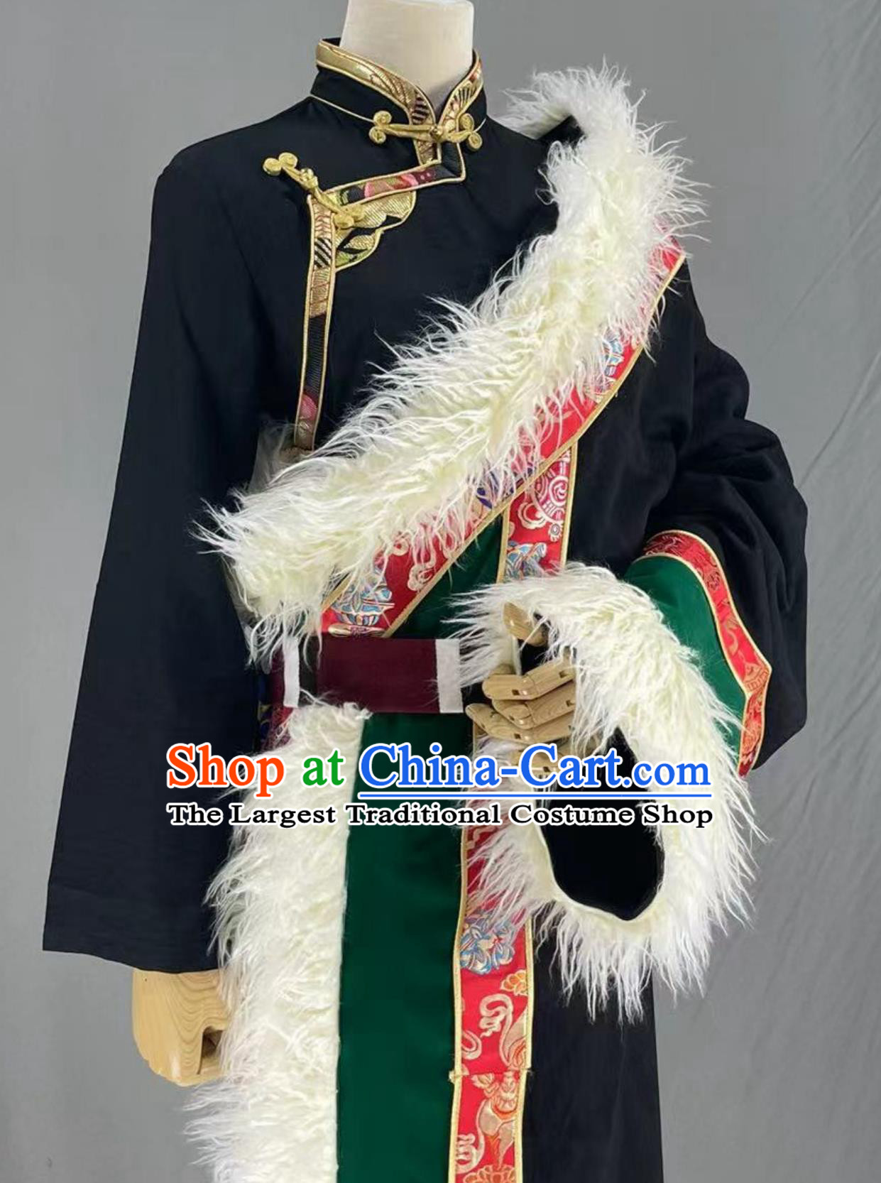China Xizang Ethnic Woman Clothing Stage Performance Black Tibetan Robe Zang Nationality Winter Costume