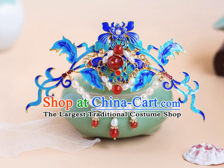 Traditional Chinese Hanfu Pearls Hair Jewelry China Ancient Empress Cloisonne Hair Crown Handmade Ming Dynasty Hairpin