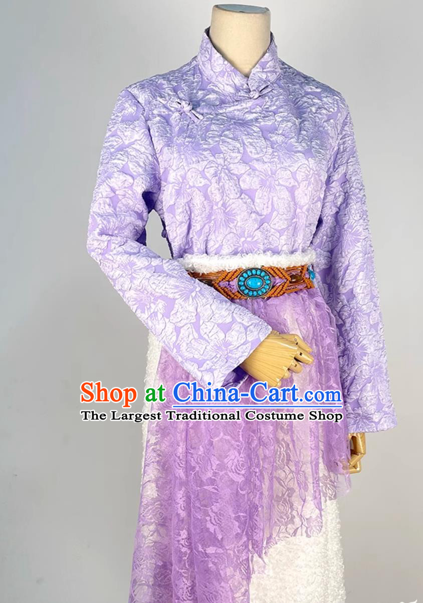 China Zang Nationality Folk Dance Costume Xizang Ethnic Woman Clothing Stage Performance Purple Tibetan Suit