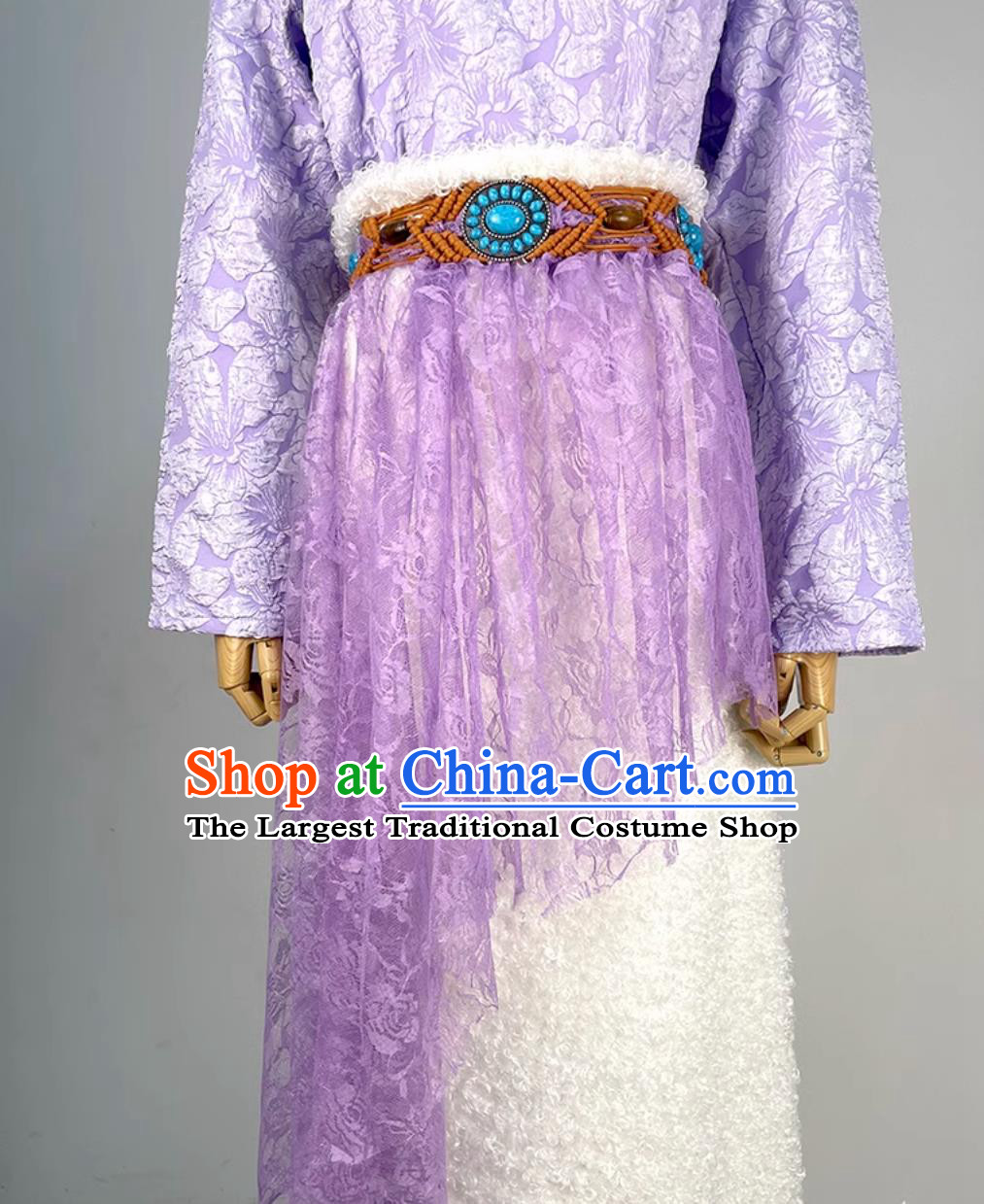 China Zang Nationality Folk Dance Costume Xizang Ethnic Woman Clothing Stage Performance Purple Tibetan Suit