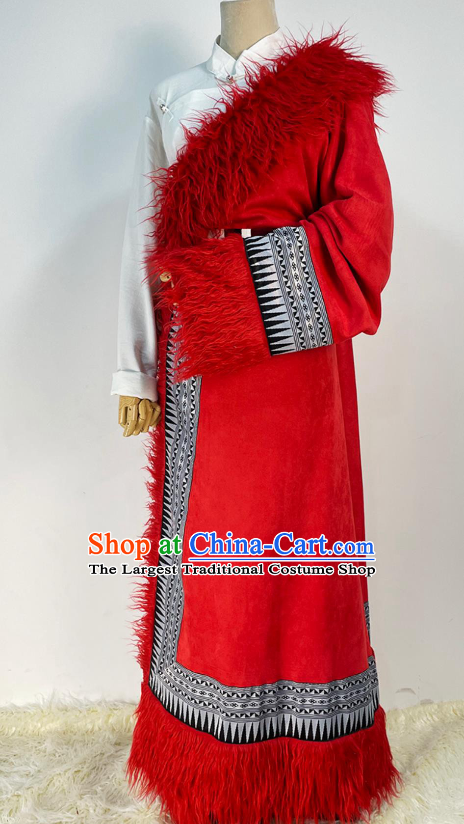 China Xizang Ethnic Woman Clothing Stage Performance Red Tibetan Robe Zang Nationality Folk Dance Costume