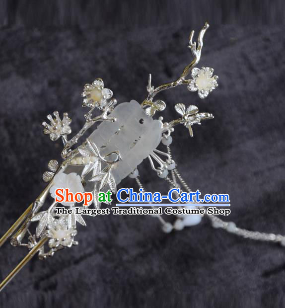 Handmade Song Dynasty White Jade Hair Clip Traditional Chinese Hanfu Hair Jewelry China Ancient Princess Tassel Hairpin