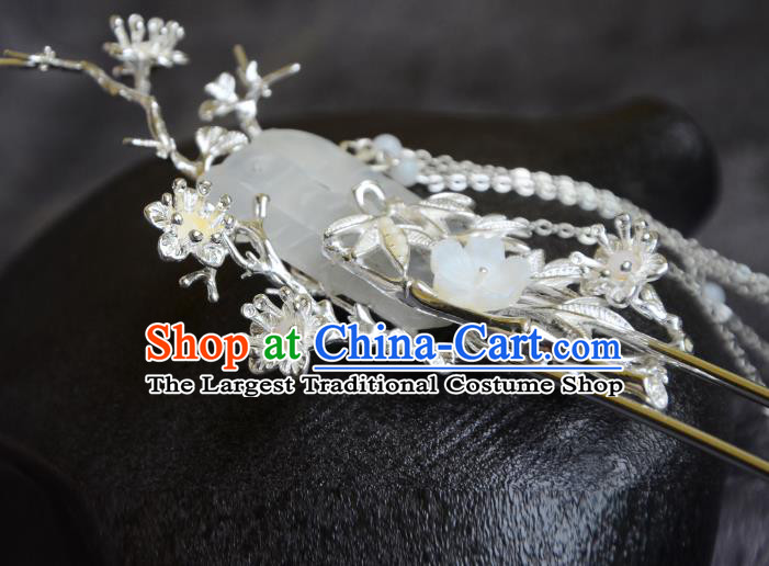 Handmade Song Dynasty White Jade Hair Clip Traditional Chinese Hanfu Hair Jewelriy China Ancient Princess Tassel Hairpin