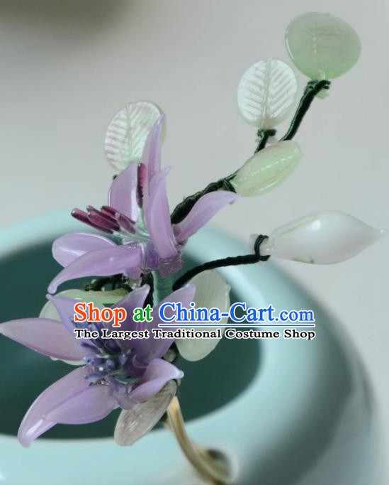 China Ancient Princess Purple Lily Flower Hairpin Handmade Ming Dynasty Dragonfly Hair Clip Traditional Chinese Hanfu Hair Jewelry