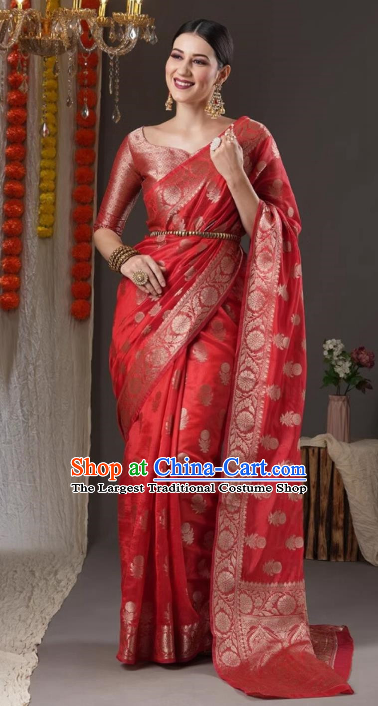 Indian Dress Traditional Woman Red Sari India Wedding Bride Clothing National Costume