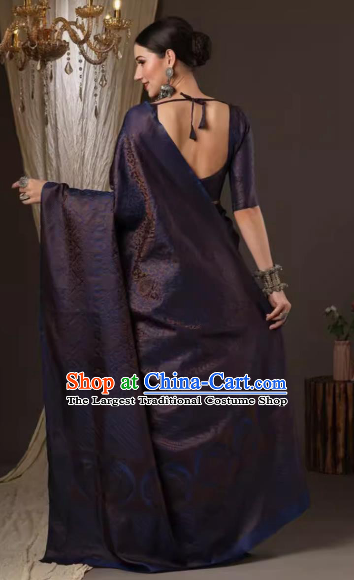 India Festival Clothing Indian National Costume Dark Blue Dress Traditional Woman Sari