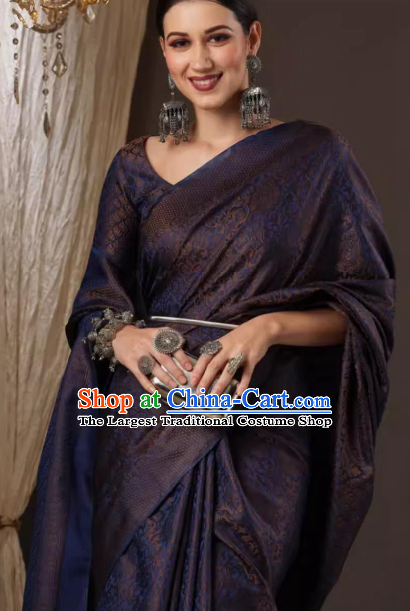 India Festival Clothing Indian National Costume Dark Blue Dress Traditional Woman Sari