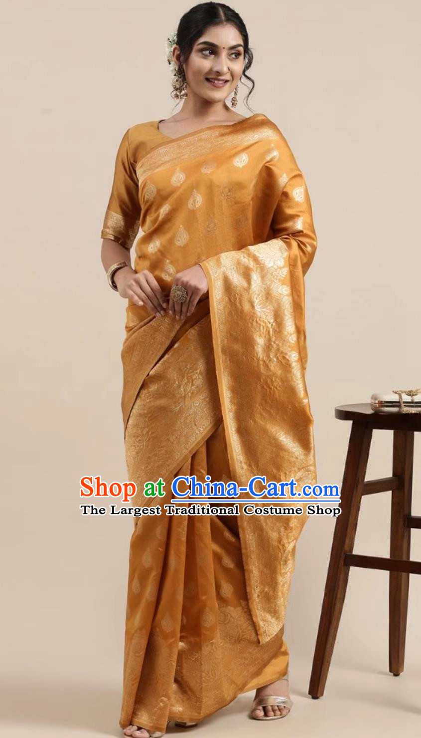 India Festival Clothing National Costume Traditional Ginger Dress Indian Woman Sari