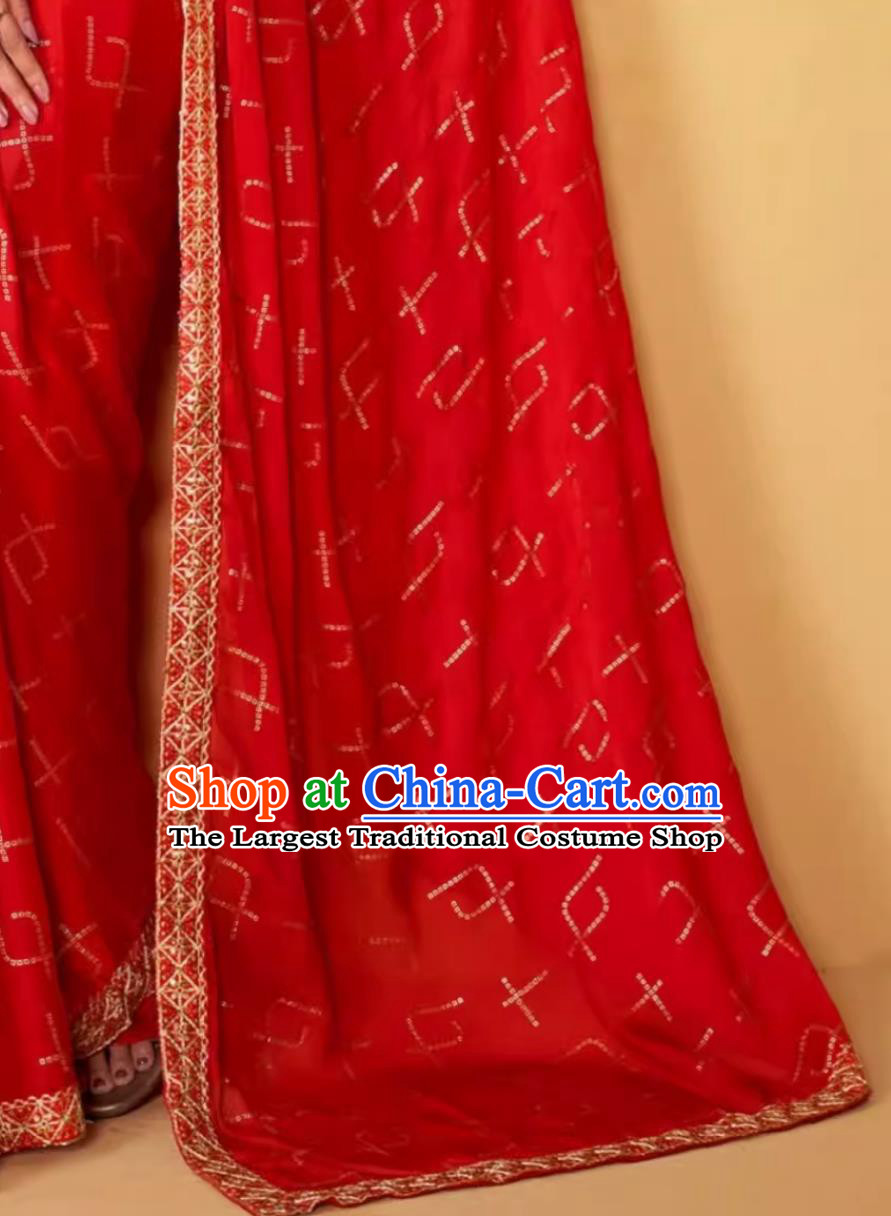 Indian Woman Embroidered Sari India Festival Clothing National Costume Traditional Wedding Red Dress