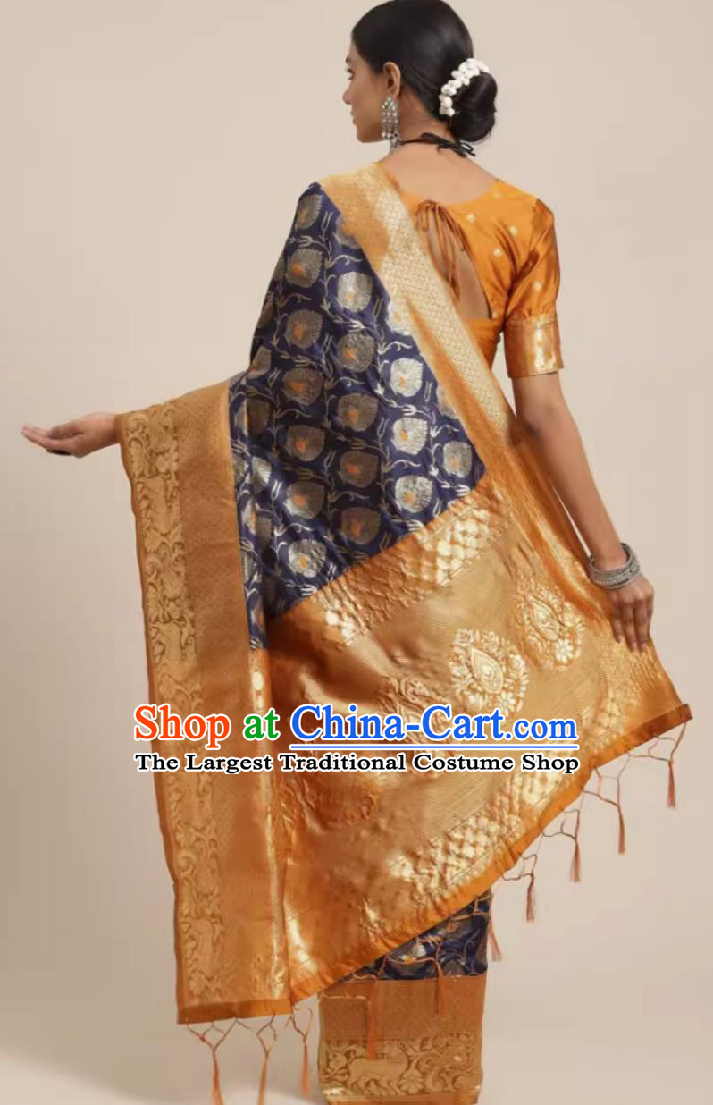 India Festival Clothing National Costume Traditional Dark Blue Dress Indian Woman Sari