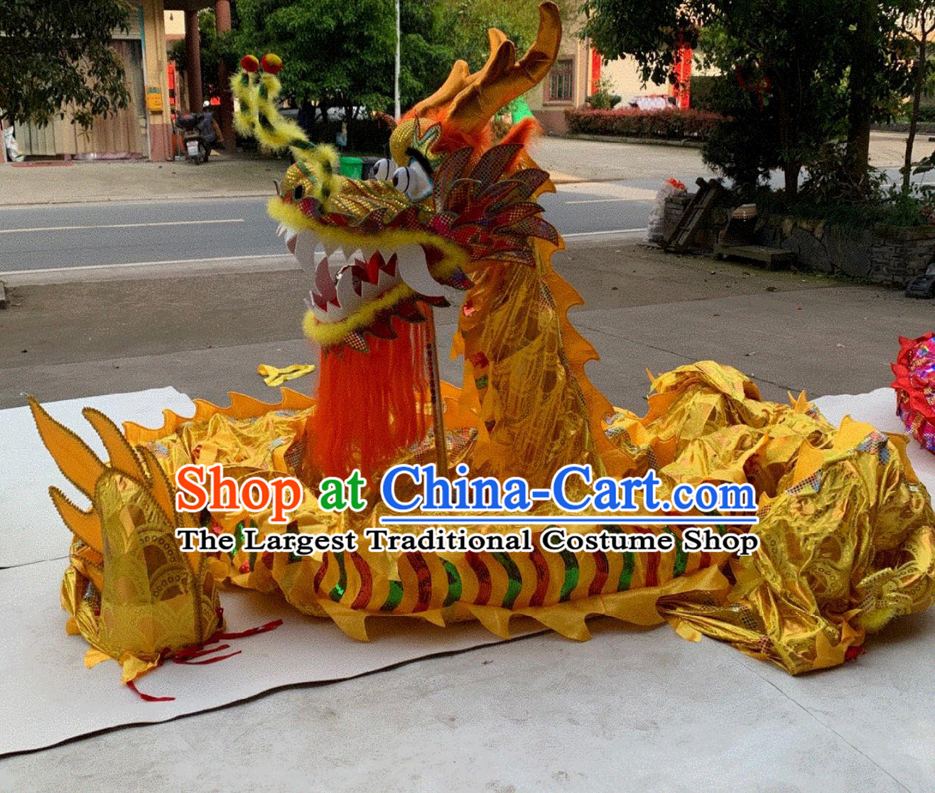 Handmade LED Lantern Dance Dragon Chinese Traditional Golden Dancing Dragon Head and Body Costume Complete Set