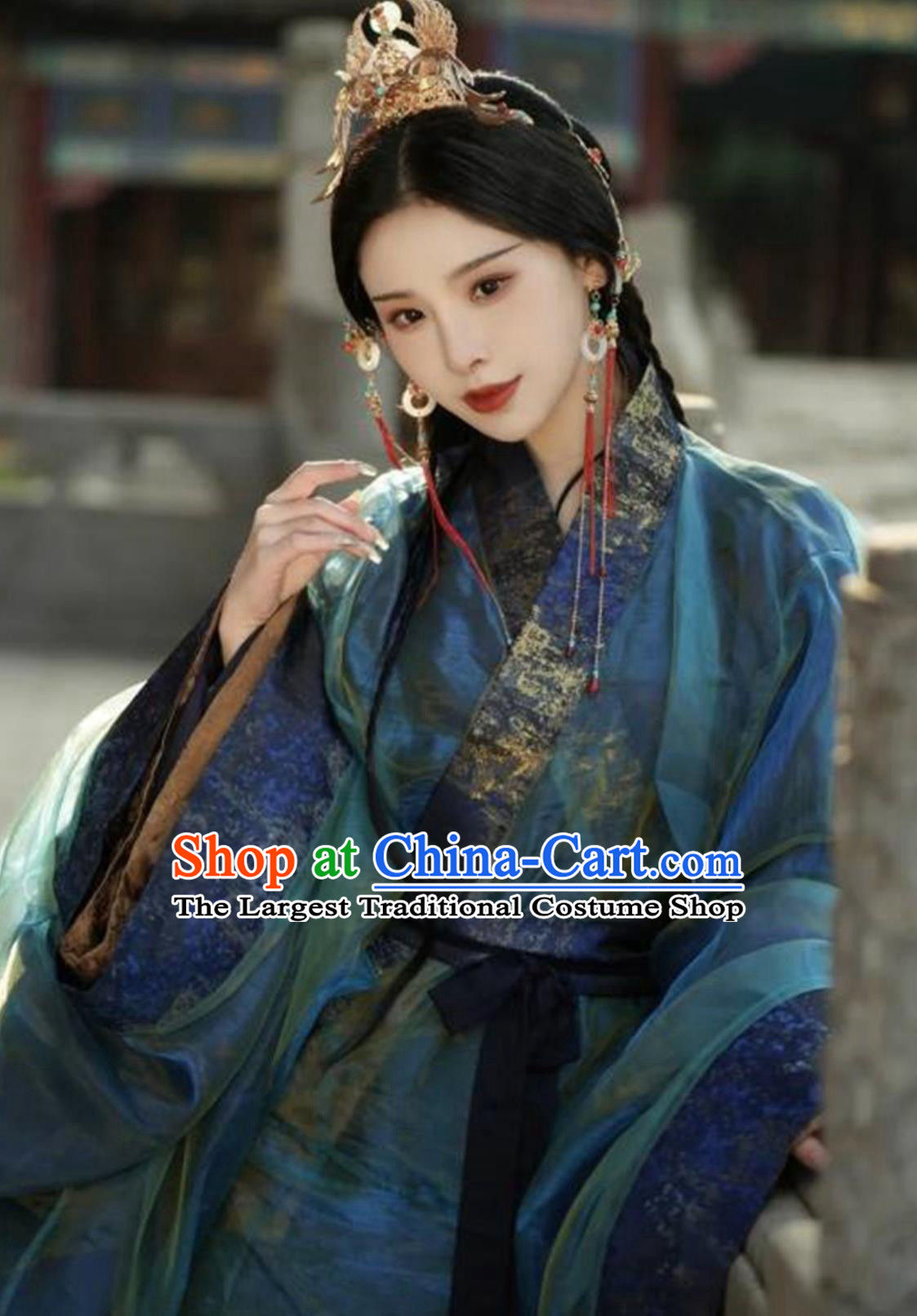 Chinese Han Dynasty Court Woman Clothing Ancient China Princess Costume Traditional Hanfu Peacock Blue Warring States Robe