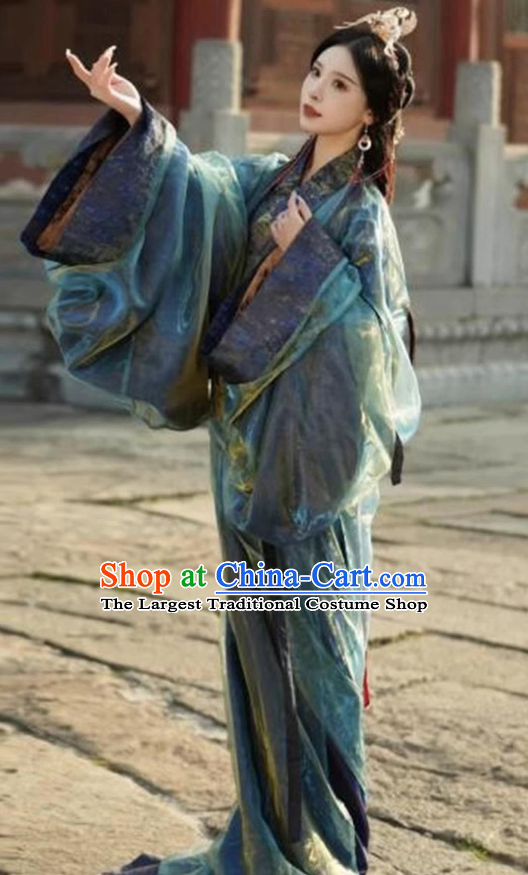 Chinese Han Dynasty Court Woman Clothing Ancient China Princess Costume Traditional Hanfu Peacock Blue Warring States Robe