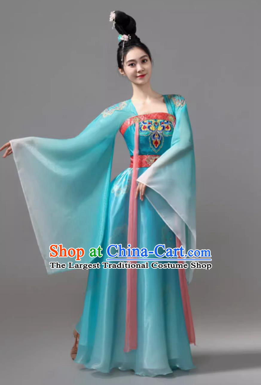 Ancient Chinese Clothing Classical Dance Blue Dress Traditional Hanfu Wide Sleeve Costume