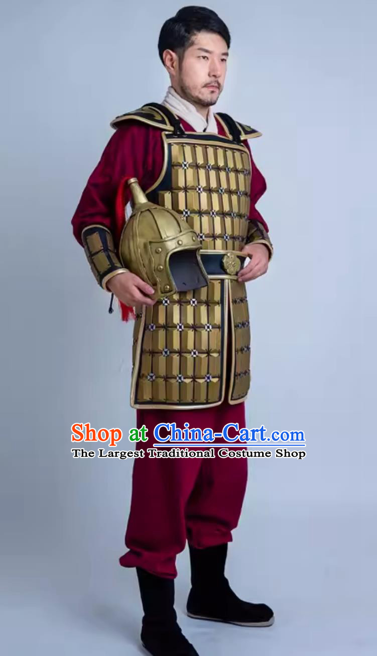 Traditional Stage Performance Warrior Costume China Qin Dynasty Hero Golden Armor and Helmet Ancient Chinese Clothing